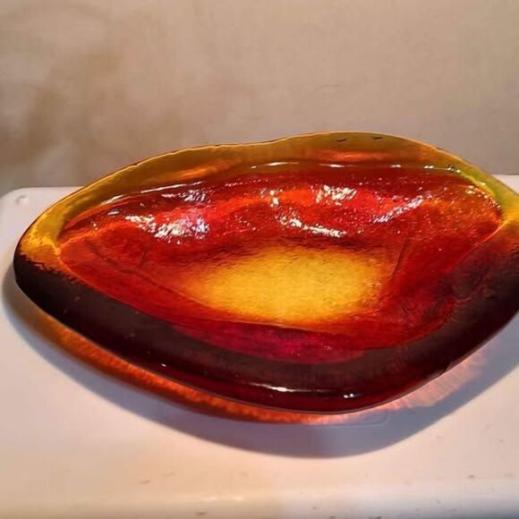 RARE Vtg LE Smith AMBERINA Heavy Glass candy dish key tray yellow orange Red - Picture 3 of 5